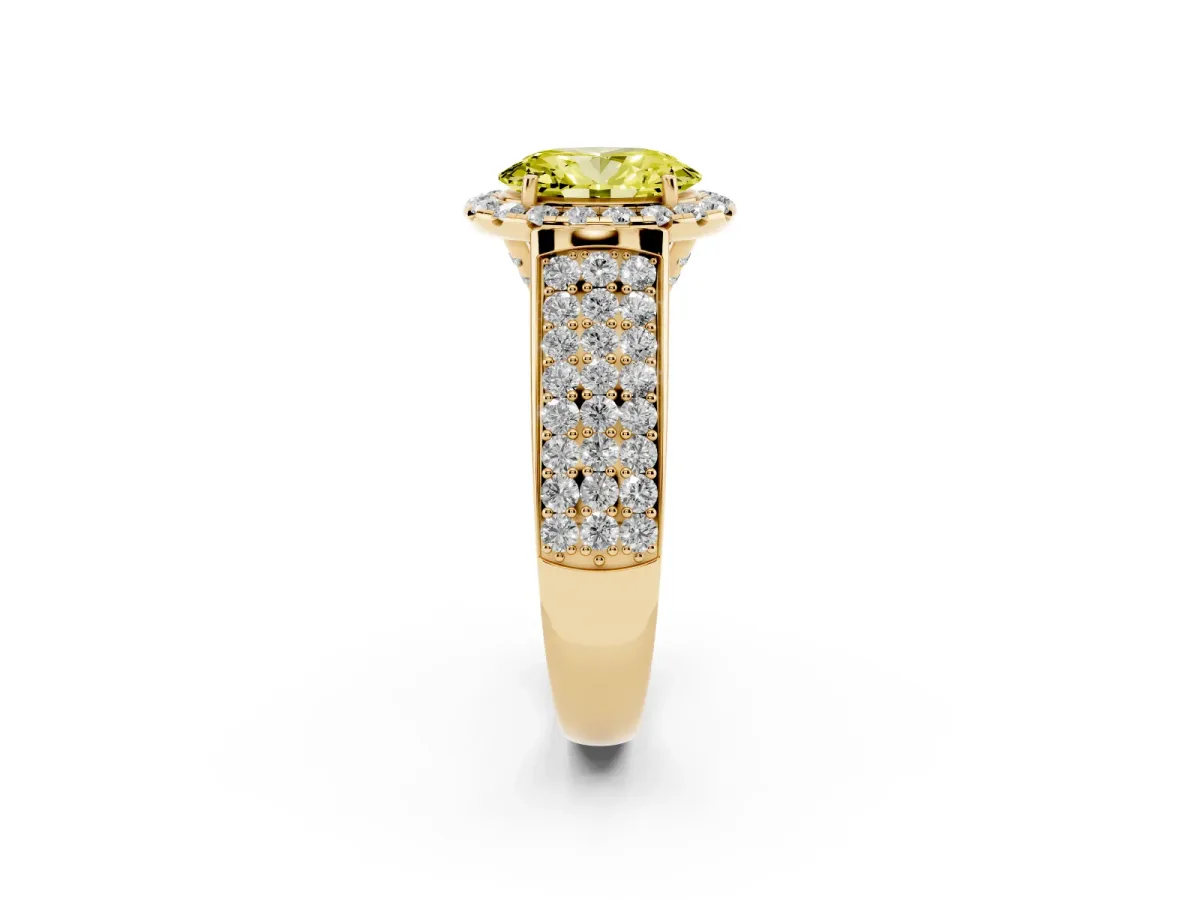 Fancy Yellow Oval Cut Halo Round Diamond Pave Band with Prong Setting Yellow gold
