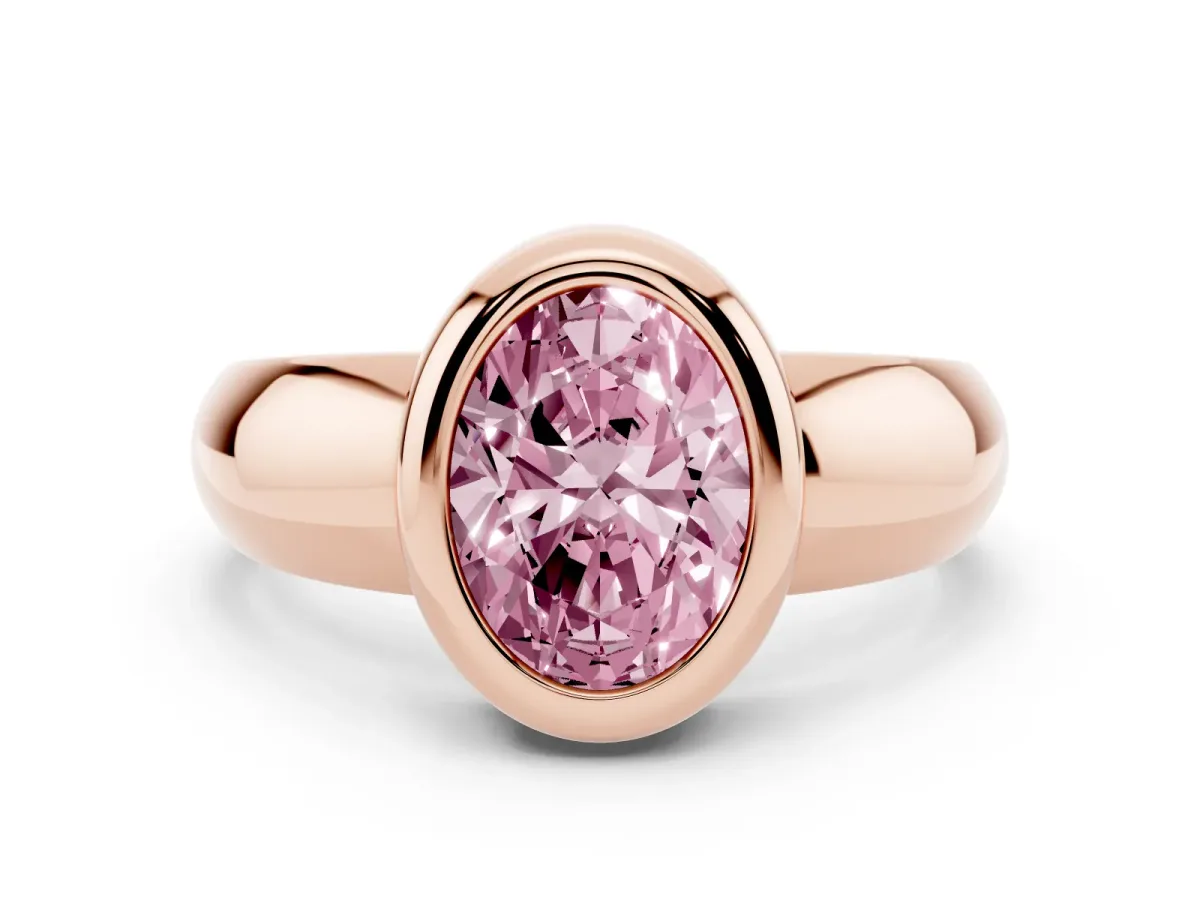 Fancy Pink Bezel Set Oval Cut Solitaire Ring with Wide Band Rose gold