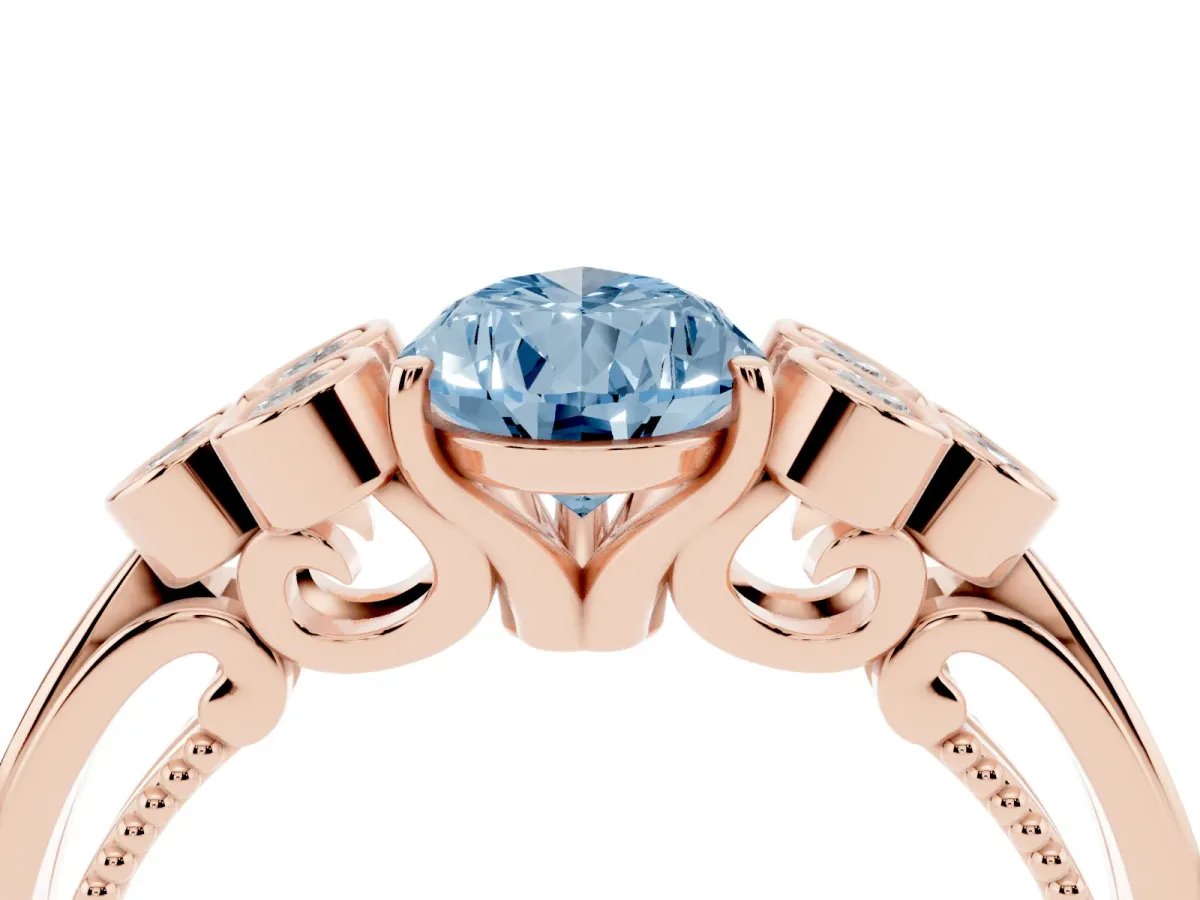 Fancy Blue Pear Cut Cut Diamond Engagement Ring with Bezel Set Round Side Stones and Prong Setting Rose gold