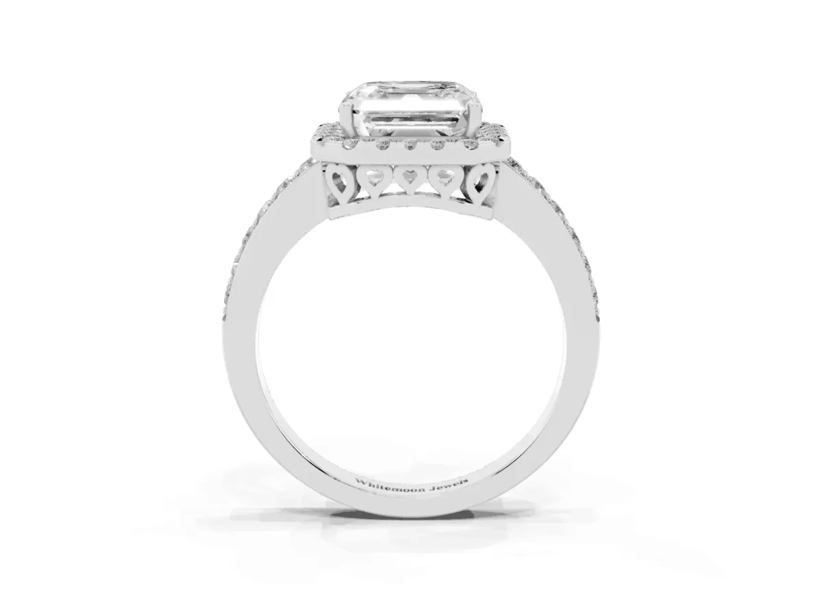 Asscher Cut Halo Diamond Pavé Band Ring with Prong Setting Silver