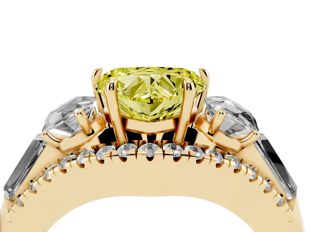 Fancy Yellow Three-Stone Heart Cut Diamond Engagement Ring with Pave Band and Prong Setting Yellow gold