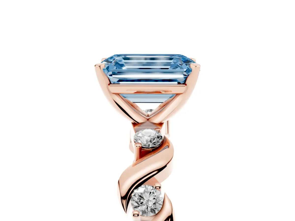 Fancy Blue Emerald Cut Diamond Solitaire Twisted Band with Round Accents and Prong Setting Rose gold