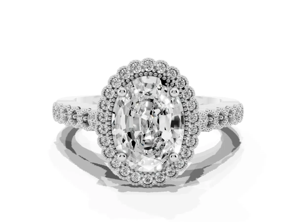 Oval Cut Cut Halo Pavé Solitaire Ring with Milgrain Band Silver