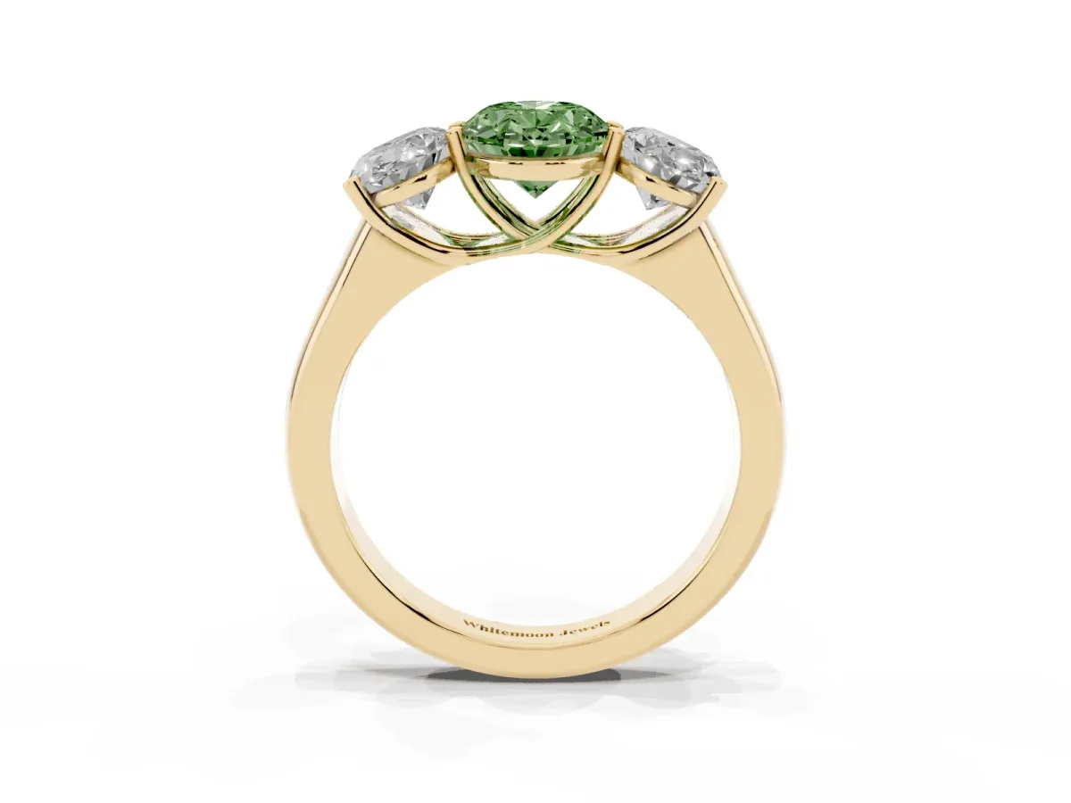 Fancy Green Oval Cut Three-Stone Diamond Ring with Prong Setting on a Classic Band Yellow gold