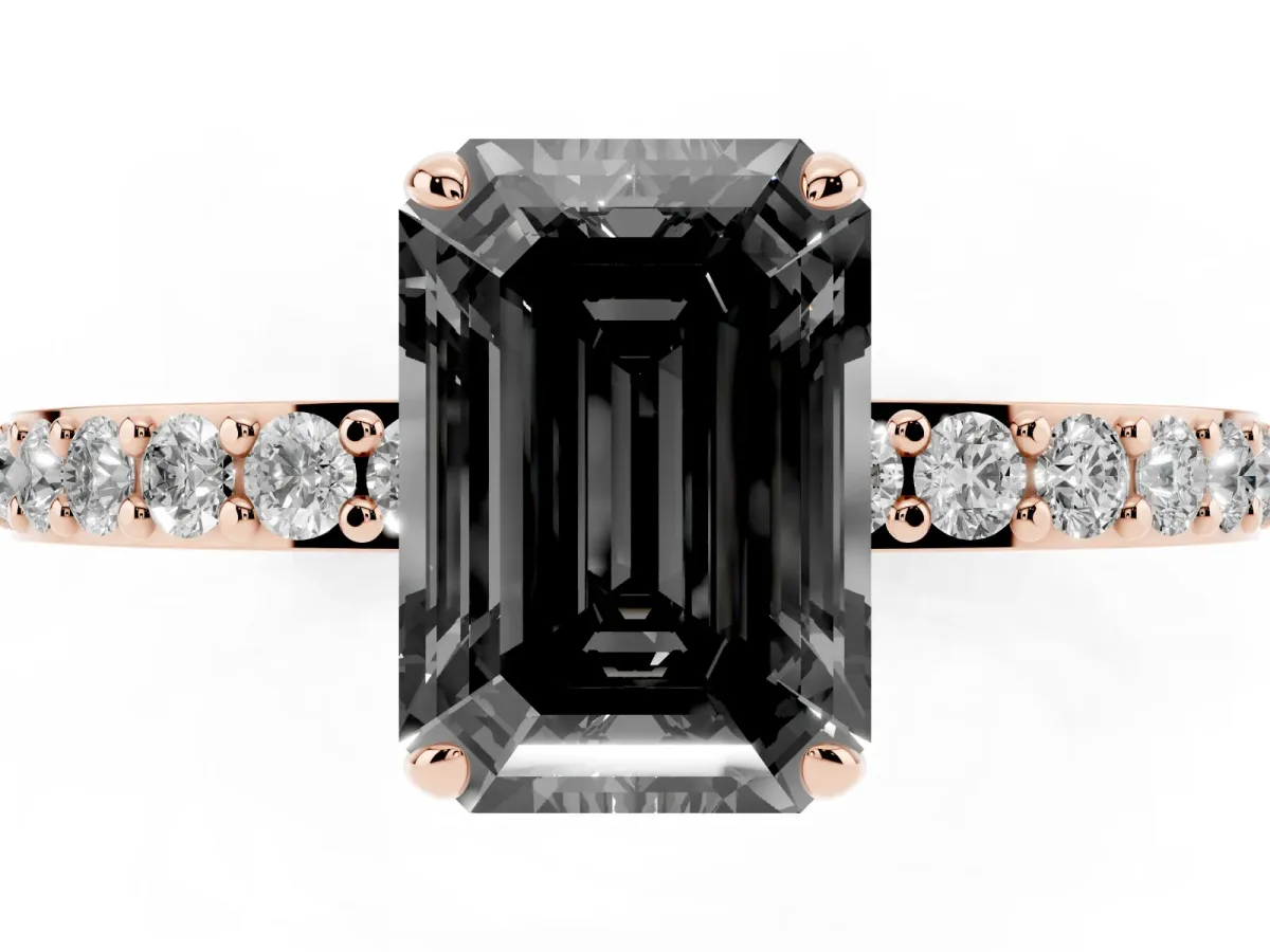 Fancy Black Emerald Cut Diamond Pavé Engagement Ring with Round Accents and Prong Setting Rose gold