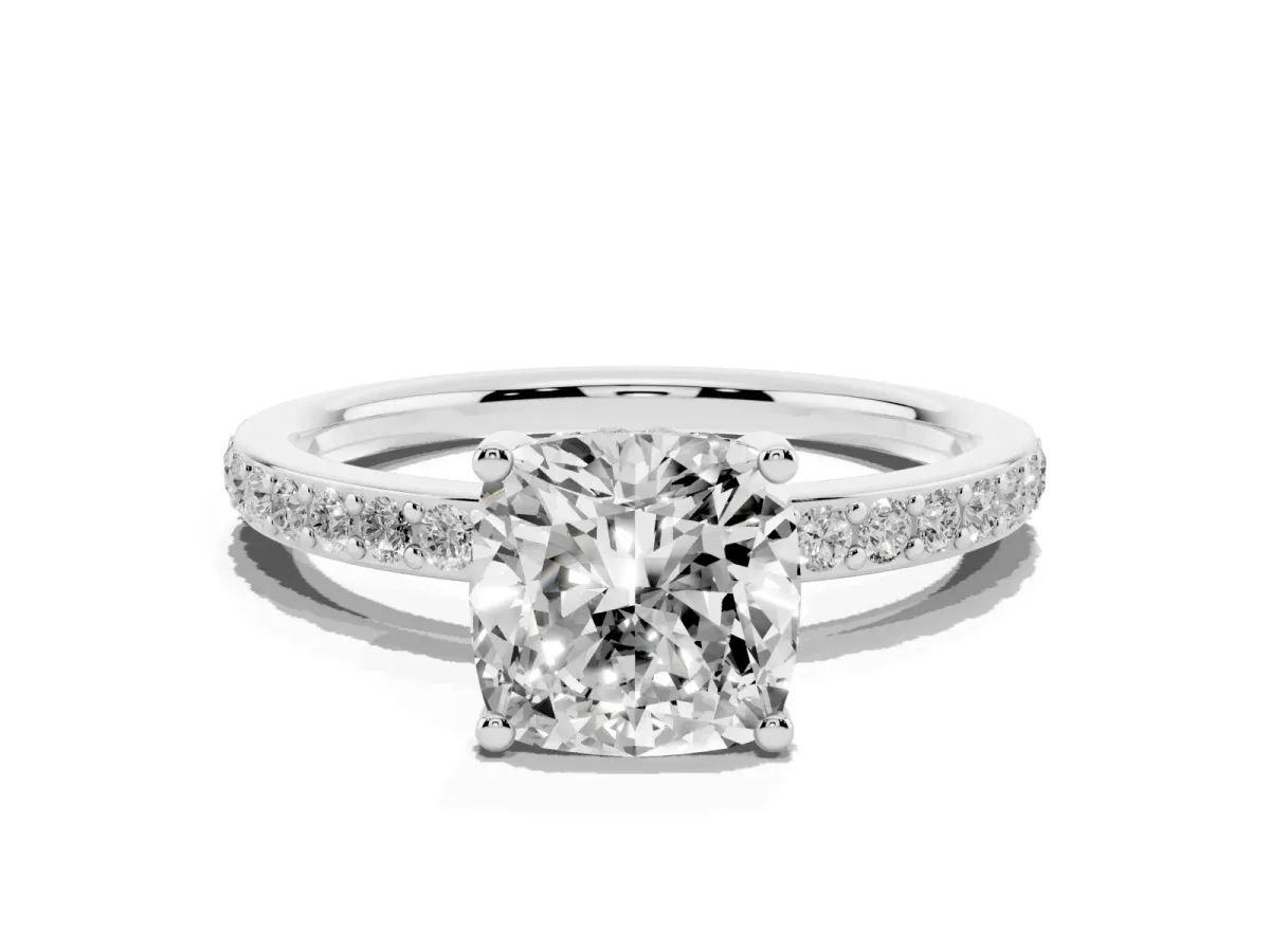 Cushion Cut Cut Diamond Pavé Band Ring with Four-Prong Setting Silver