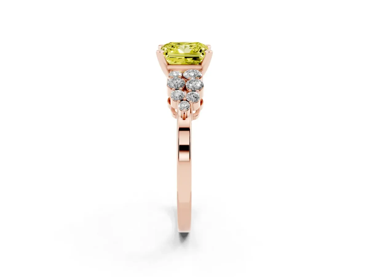Fancy Yellow Princess Cut Cluster Diamond Engagement Ring with Pavé Band and Four-Prong Setting Rose gold