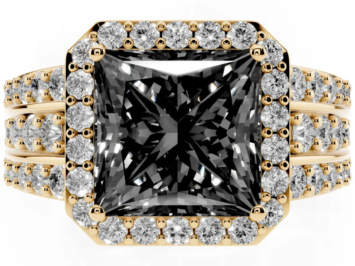 Fancy Black Princess Cut Halo Diamond Ring with Round Split Shank and Prong Setting Yellow gold