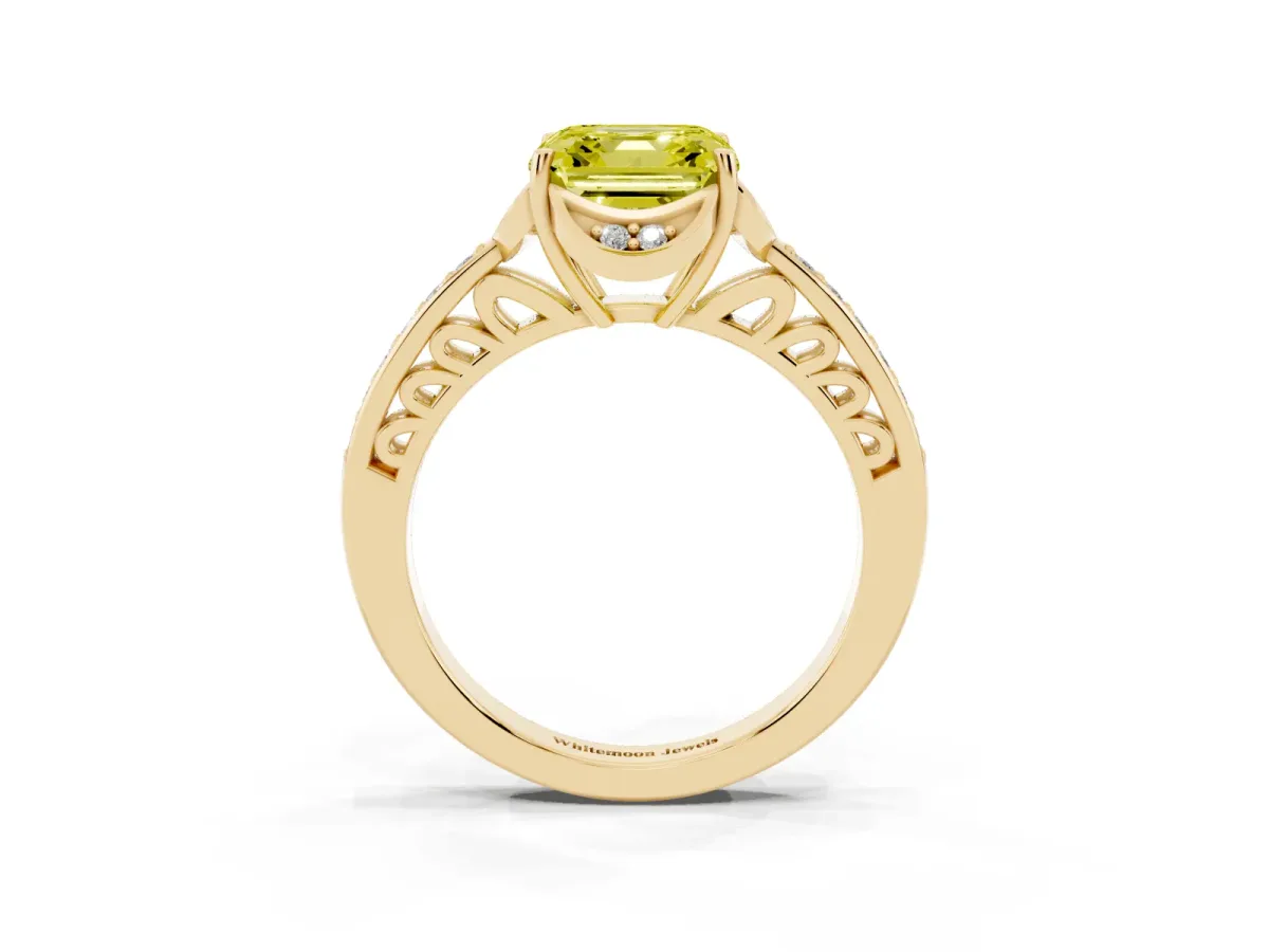 Fancy Yellow Asscher Cut Cut Halo Diamond Ring with Channel Set Band and Four-Prong Setting Yellow gold