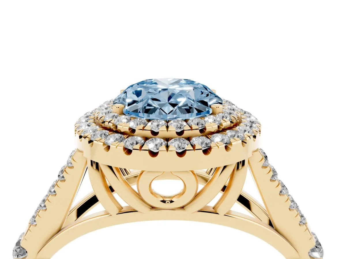 Fancy Blue Oval Cut Cut Double Halo Split Shank Diamond Ring with Prong Setting Yellow gold