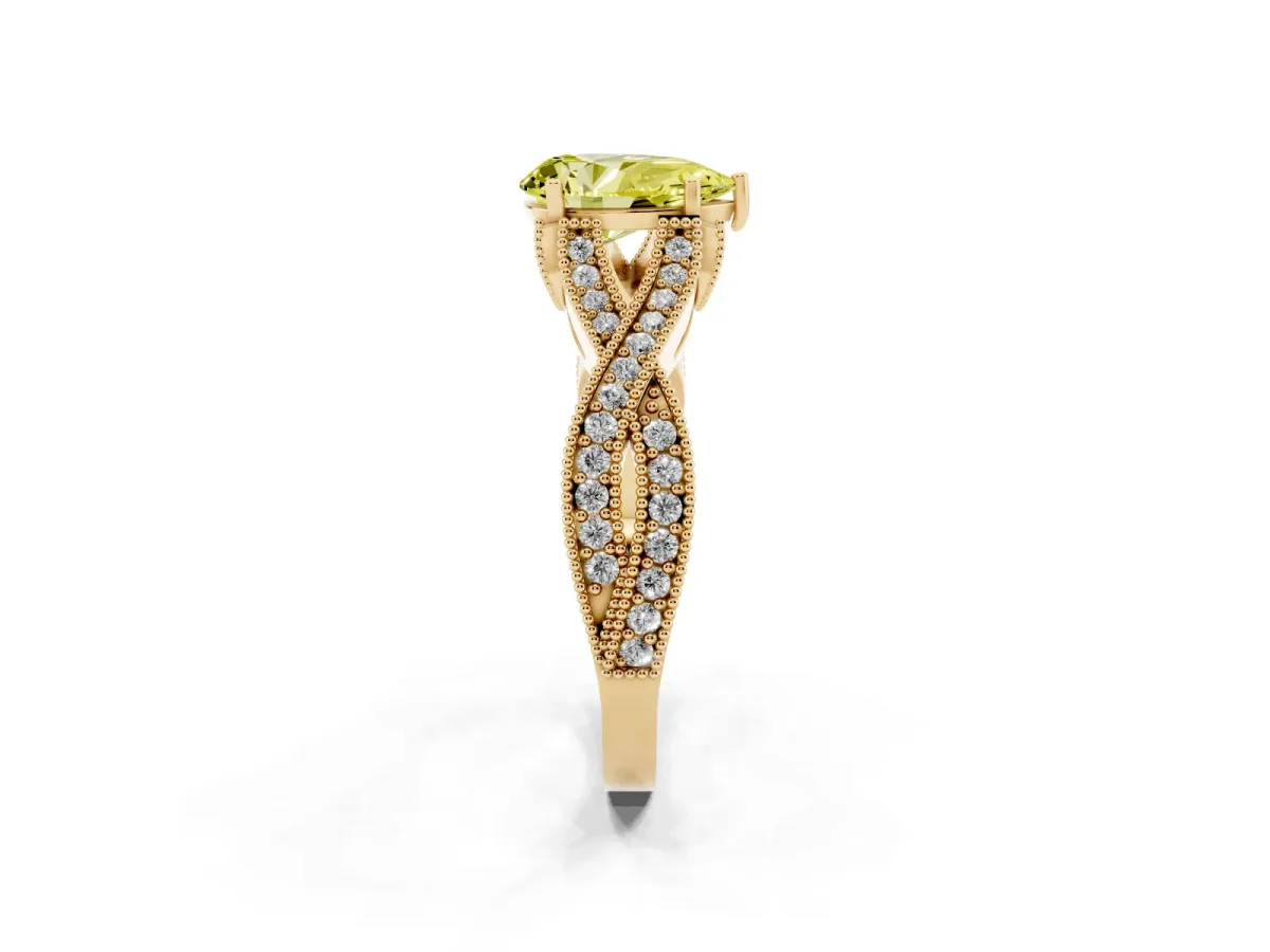 Fancy Yellow Pear Cut Cut Diamond Twisted Band with Milgrain Pave Setting and Four-Prong Setting Yellow gold