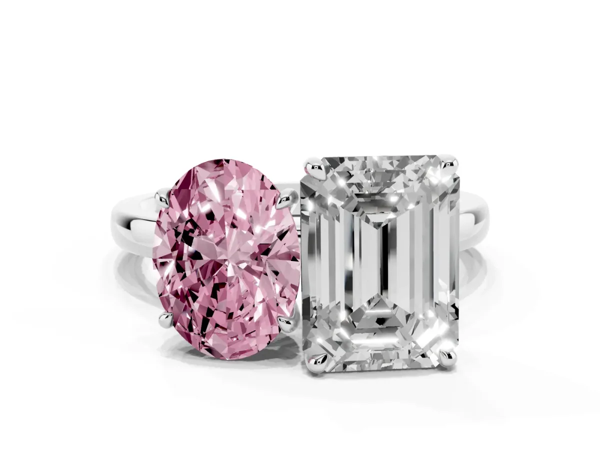 Fancy Pink Oval Cut and Emerald Cut Toi Moi Ring with Prong Setting White gold
