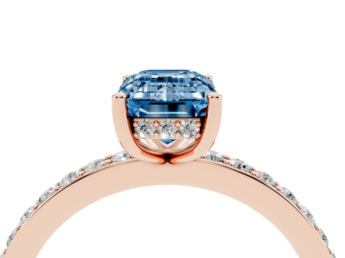 Fancy Blue Emerald Cut Cut Diamond Pavé Band Ring with Four-Prong Setting Rose gold