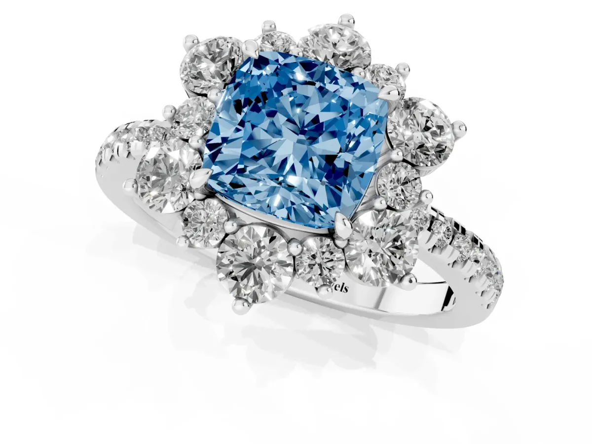 Fancy Blue Cushion Cut Diamond Floral Halo Ring with Round Pavé Band and Prong Setting Silver