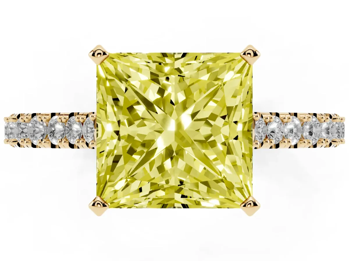 Fancy Yellow Princess Cut Cut Solitaire Diamond Engagement Ring with Pave Band and Four-Prong Setting Yellow gold