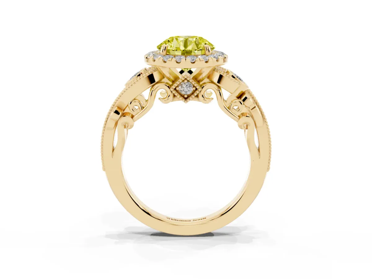 Fancy Yellow Round Cut Diamond Halo Ring with Milgrain Pavé Band and Four-Prong Setting Yellow gold