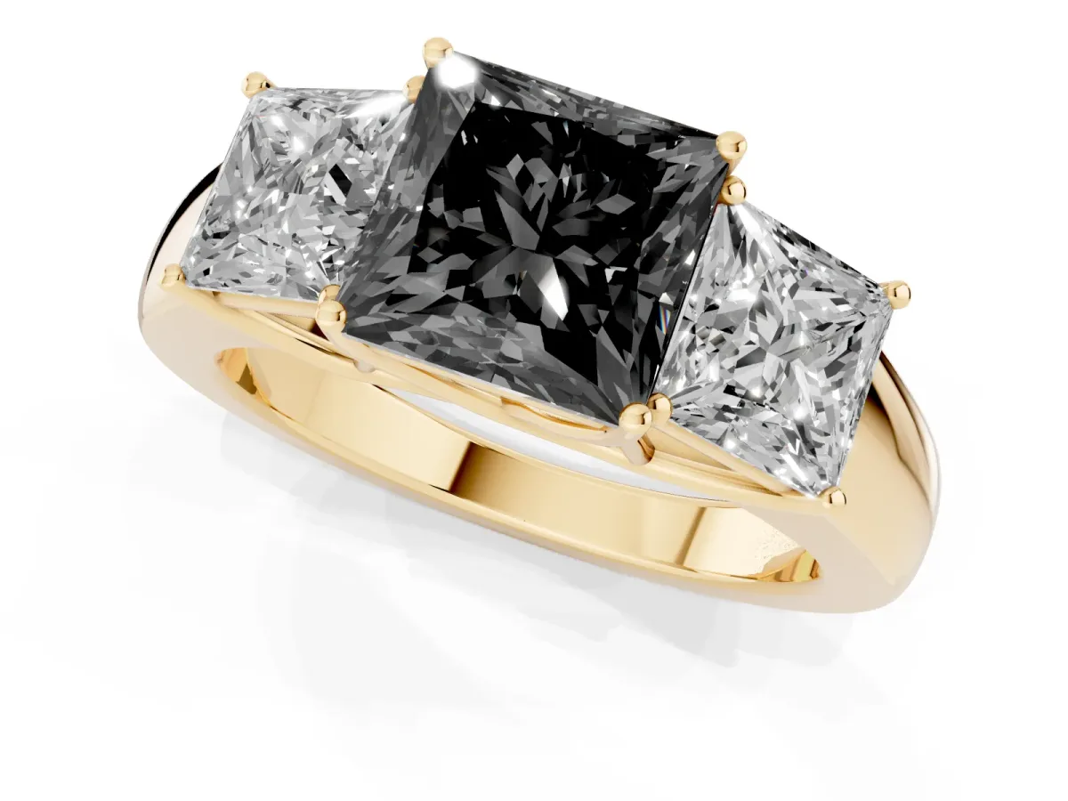 Fancy Black Three-Stone Princess Cut Cut Diamond Ring with Prong Setting and Classic Band Yellow gold