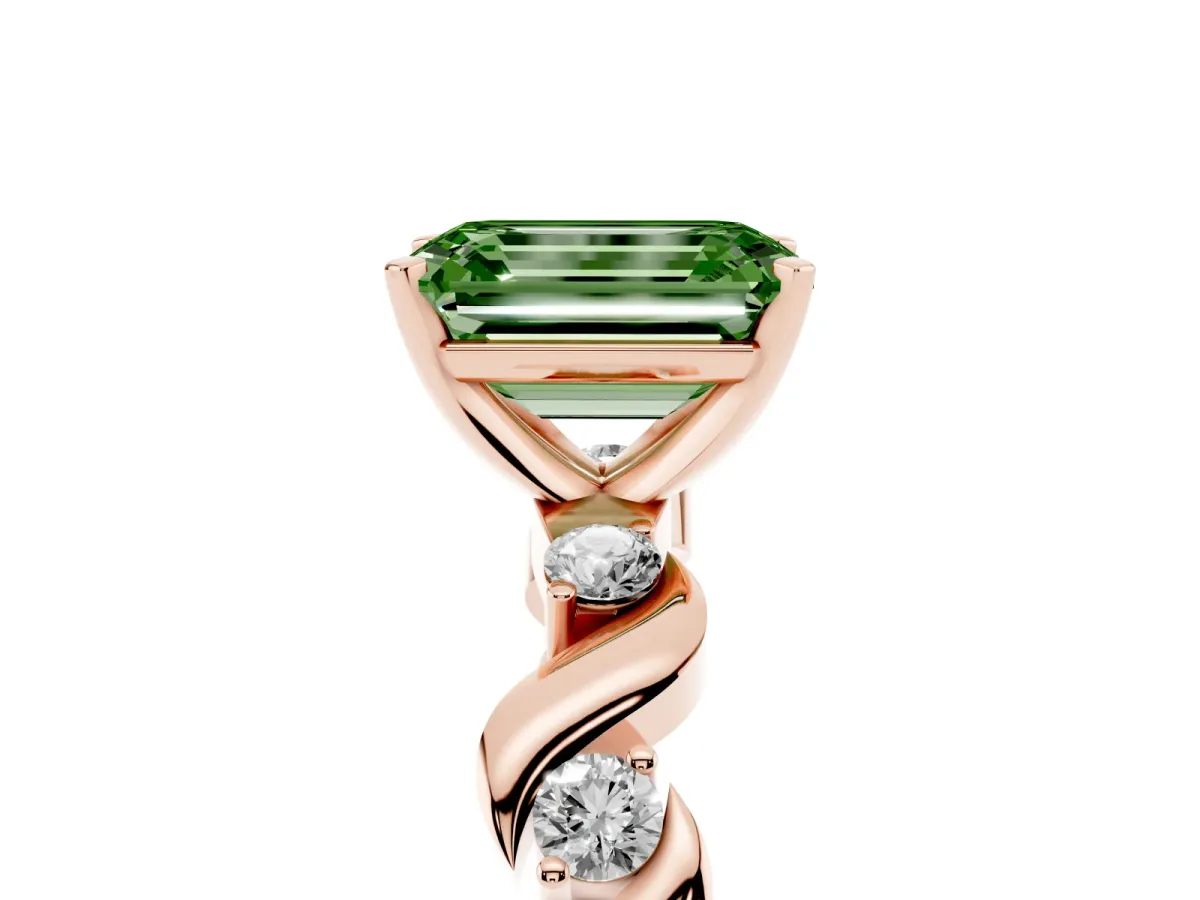 Fancy Green Emerald Cut Diamond Solitaire Twisted Band with Round Accents and Prong Setting Rose gold
