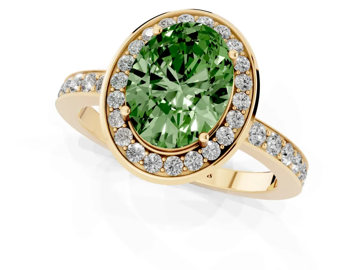 Fancy Green Oval Cut Diamond Halo Ring with Bezel Frame and Pavé Band Yellow gold