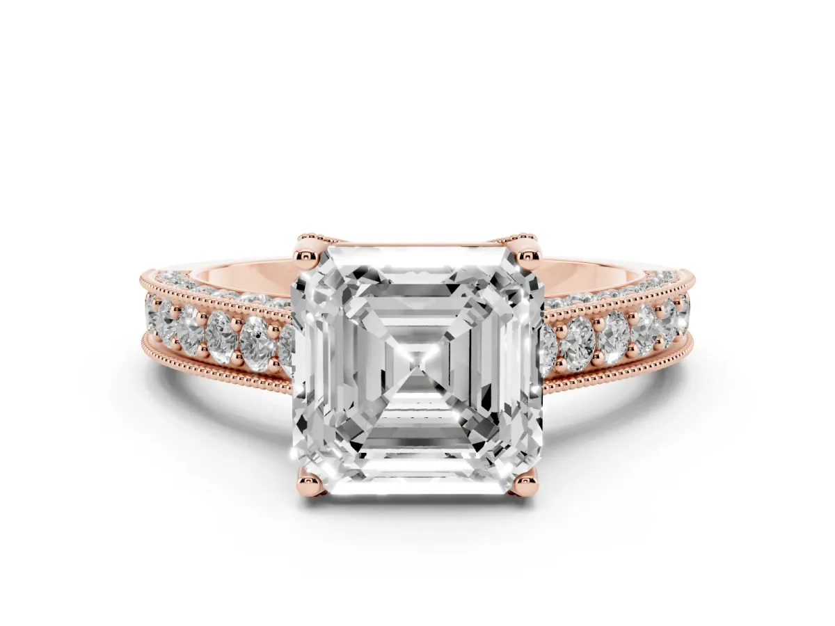 Asscher Cut Cut Diamond Solitaire Ring with Milgrain Pave Band and Four Prong Setting Rose gold