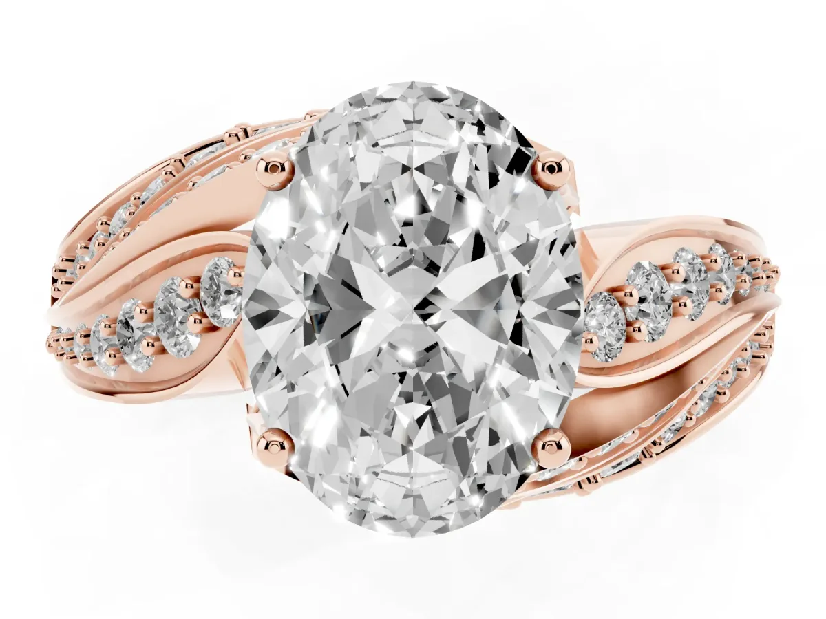 Oval Cut Diamond Solitaire Ring with Prong Setting and Twisted Pavé Band Rose gold