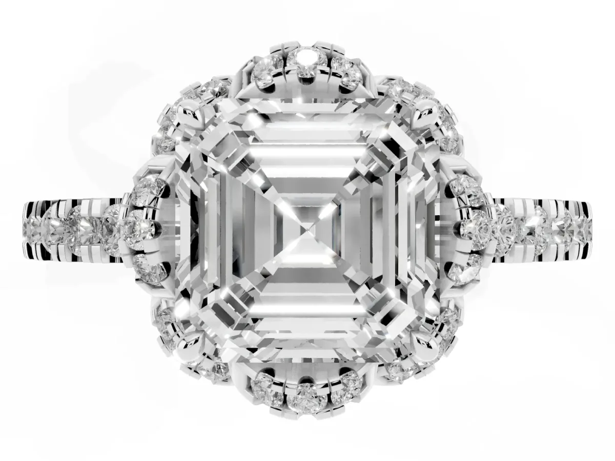 Asscher Cut Diamond Halo Pave Band with Four-Prong Setting Silver