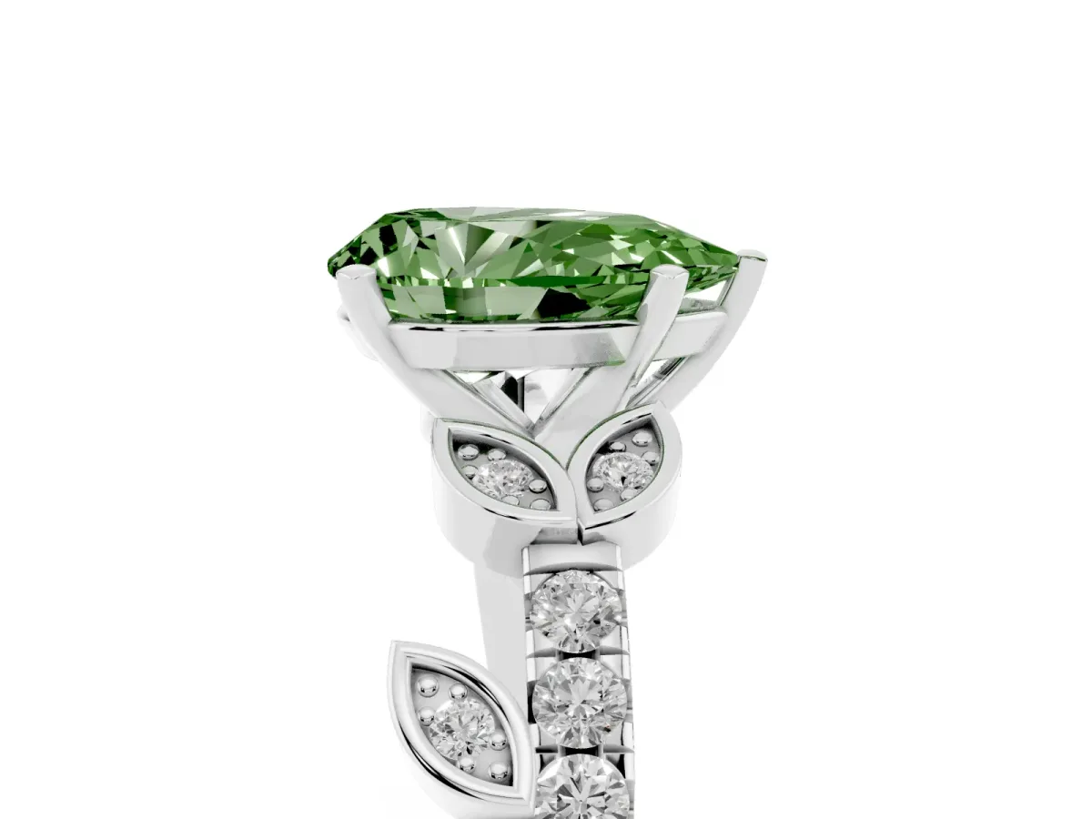 Fancy Green Pear Cut Solitaire Leaf-Inspired Diamond Ring with Pavé Band and Four-Prong Setting Silver