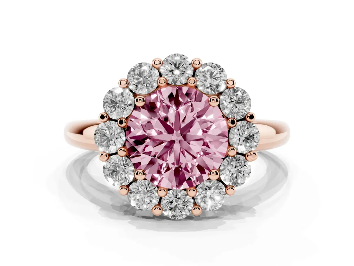 Fancy Pink Round Cut Halo Cluster Diamond Engagement Ring with Prong Setting and Polished Band Rose gold
