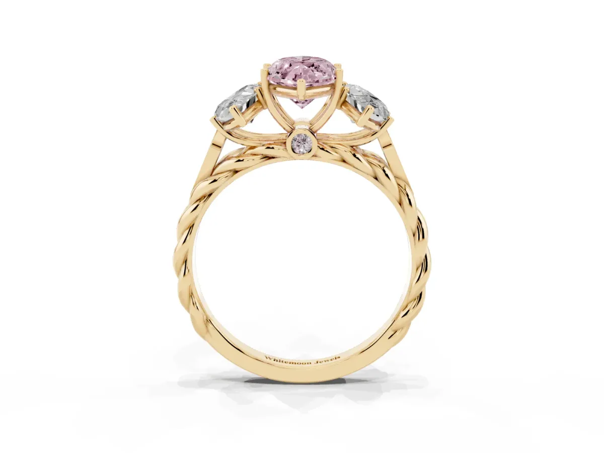 Fancy Pink Three-Stone Marquise Cut Diamond Braided Band Ring with Four-Prong Setting Yellow gold