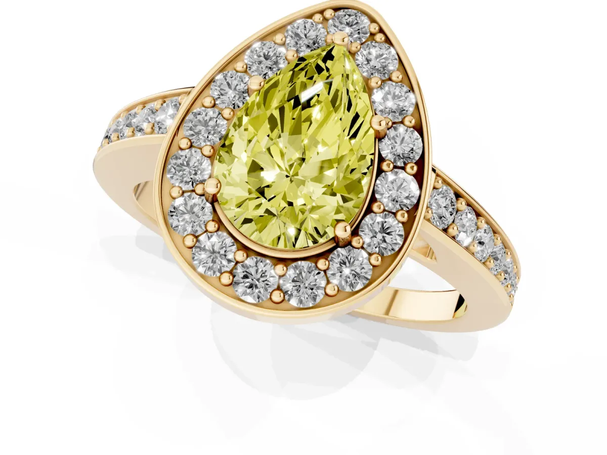 Fancy Yellow Pear Cut Halo Pavé Diamond Engagement Ring with Bezel Setting Yellow gold