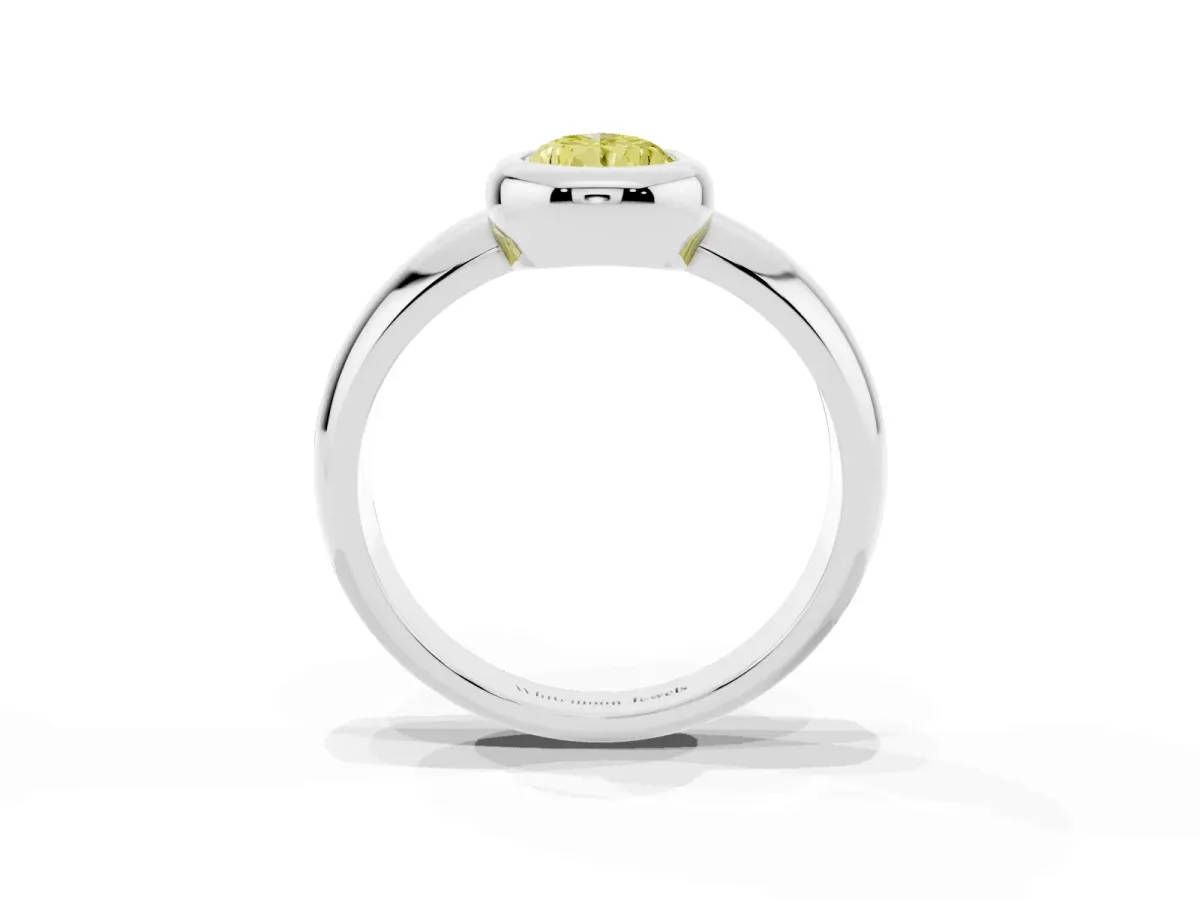 Fancy Yellow Bezel Set Pear Cut Solitaire Ring with Wide Band Silver