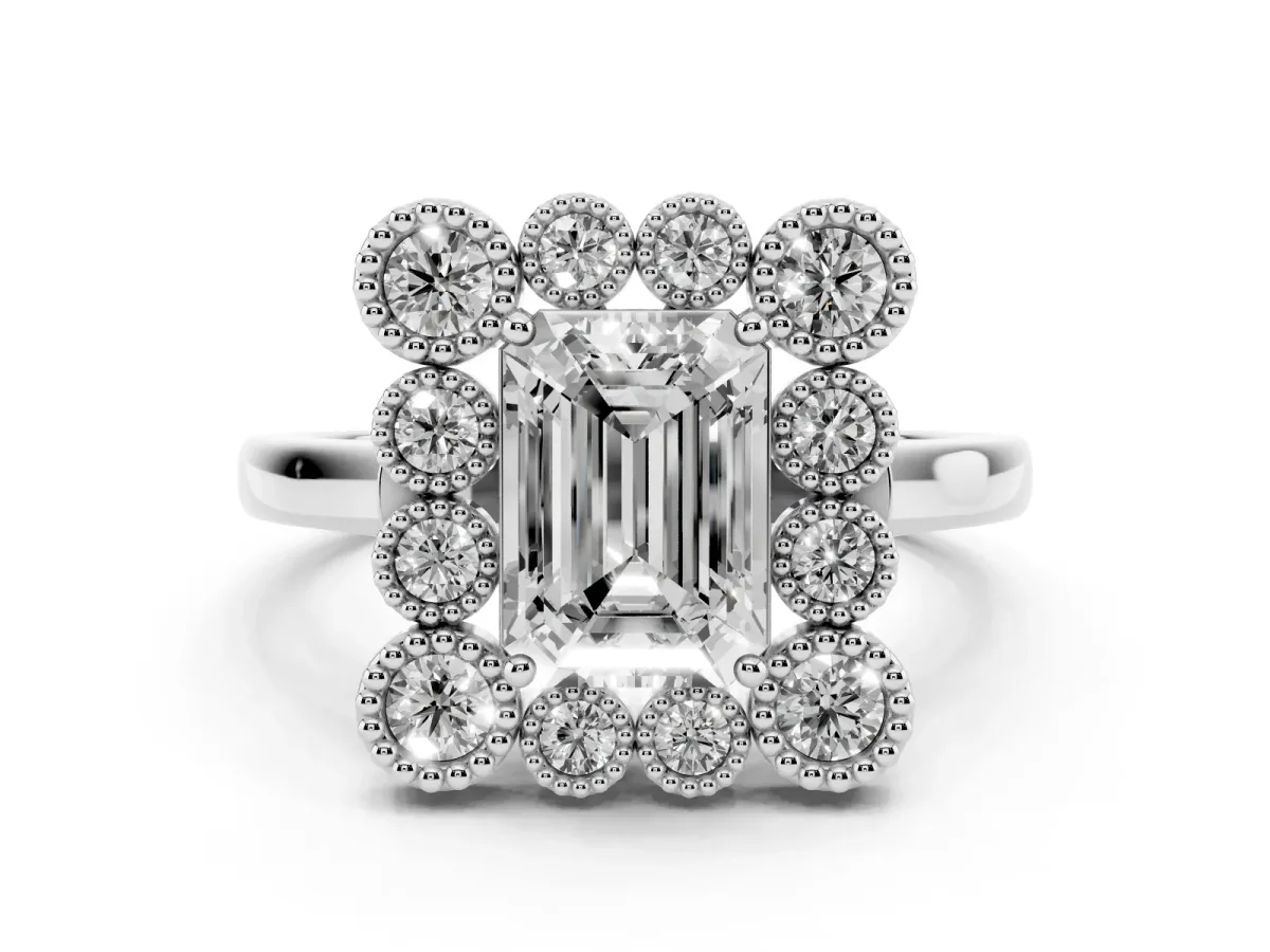 Emerald Cut Halo Diamond Cluster Engagement Ring with Milgrain Bezel Setting and Solitaire Band Platinum