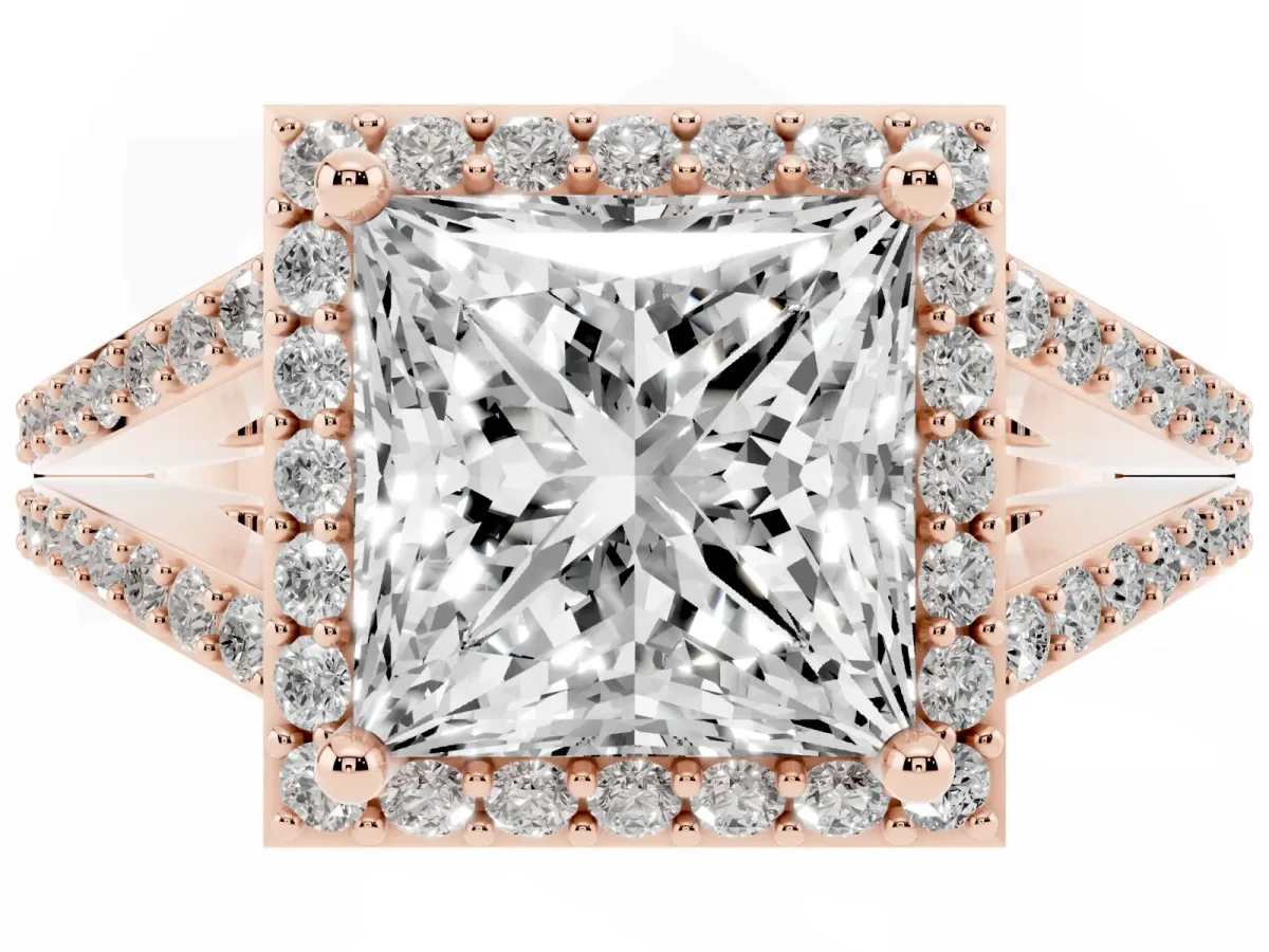 Princess Cut Halo Split Shank Diamond Ring with Prong Setting Rose gold