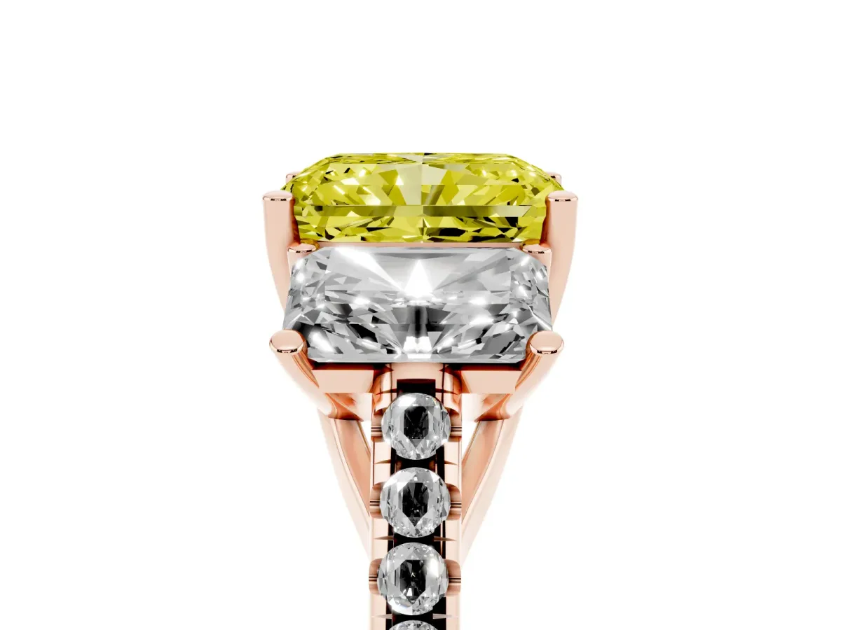 Fancy Yellow Three-Stone Radiant Cut Diamond Ring with Round Pavé Band and Prong Setting Rose gold