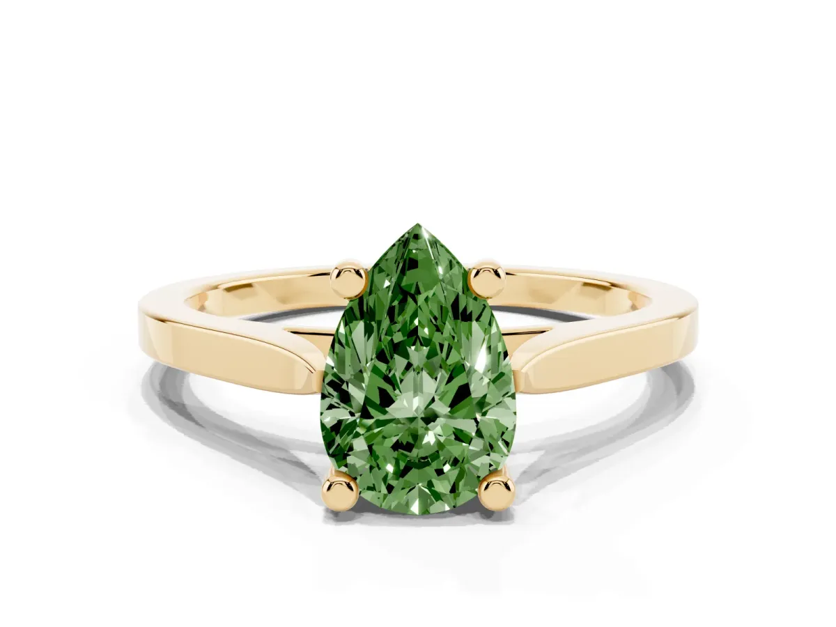 Fancy Green Pear Cut Solitaire Diamond Ring with Four-Prong Setting and Tapered Band Yellow gold
