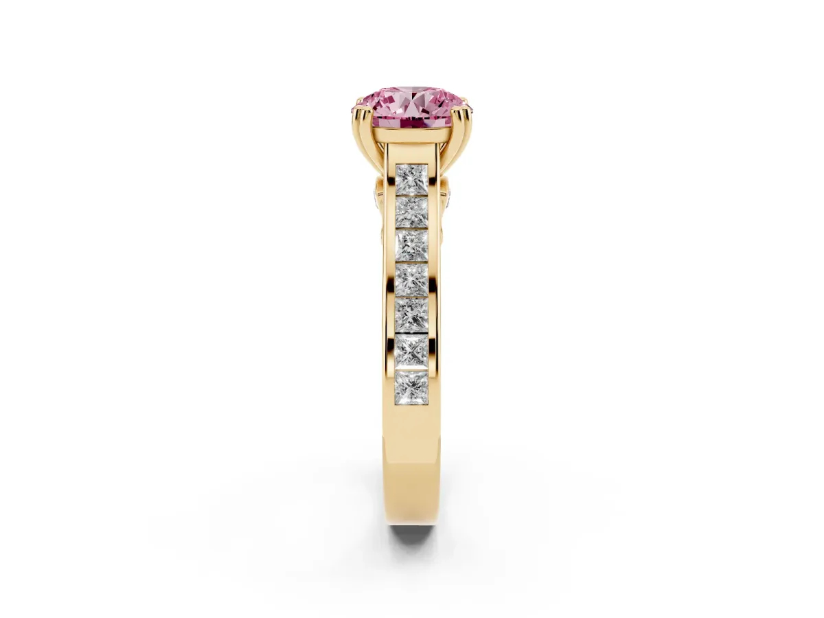 Fancy Pink Round Cut Cut Channel Set Solitaire Engagement Ring with Prong Setting Yellow gold