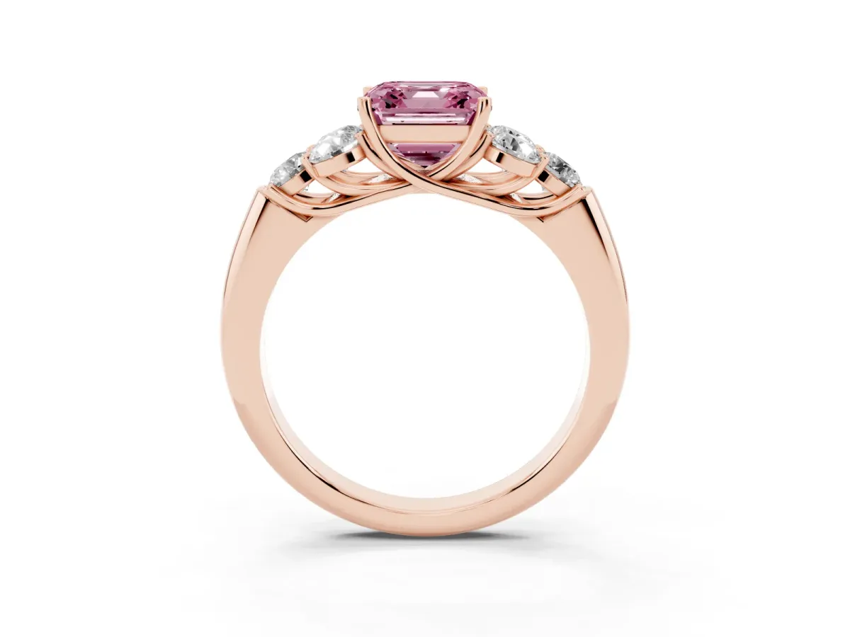 Fancy Pink Asscher Cut Cut Diamond Cluster Ring with Round Accent Stones and Prong Setting on a Classic Band Rose gold
