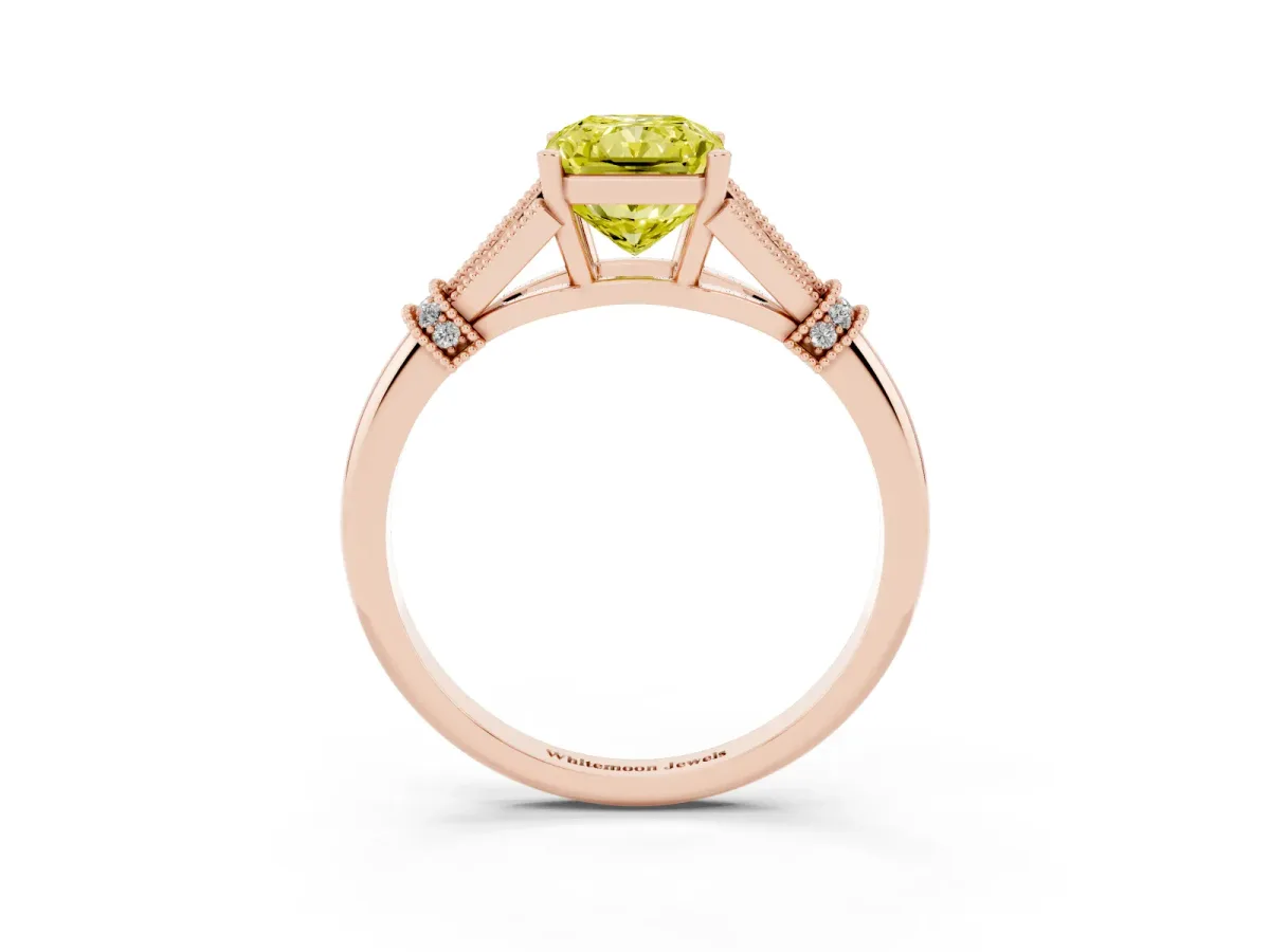 Fancy Yellow Radiant Cut Diamond Solitaire Ring with Floral Filigree and Pave Accents Rose gold