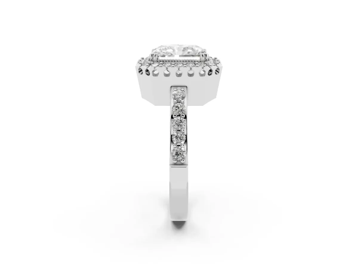 Radiant Cut Diamond Halo Ring with Pavé Band and Prong Setting Platinum