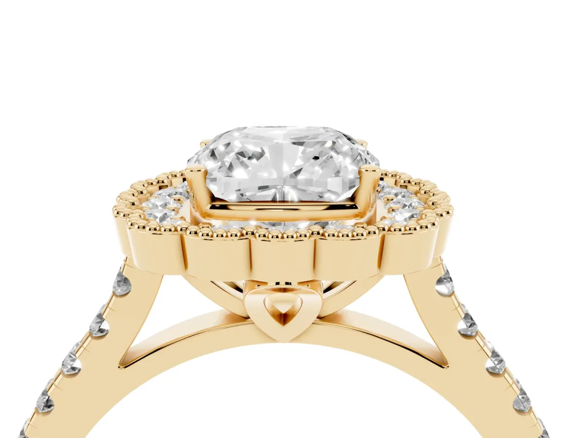 Cushion Cut Cut Diamond Milgrain Floral Halo Engagement Ring with Pavé Band Yellow gold