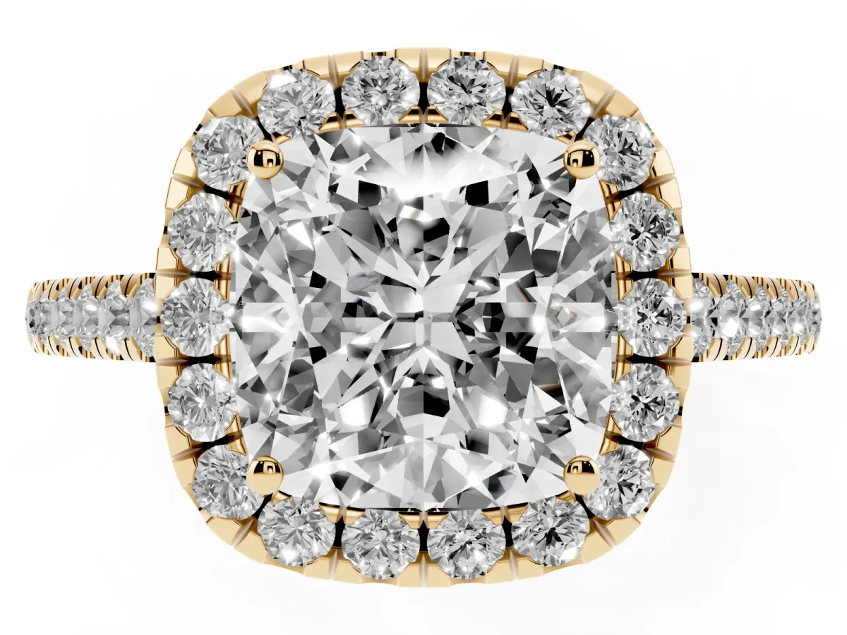 Cushion Cut Halo Pave Diamond Engagement Ring with Four-Prong Setting Yellow gold