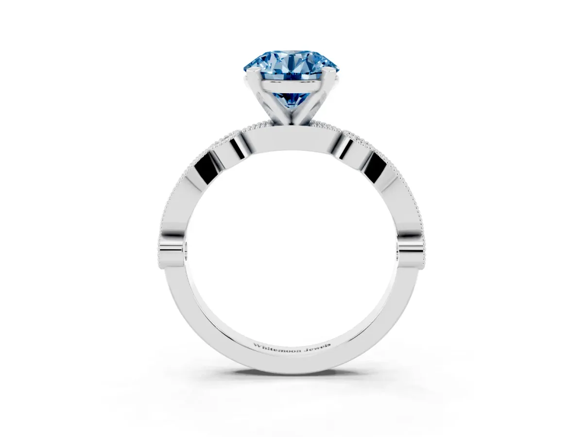 Fancy Blue Round Cut Milgrain Bezel Diamond Engagement Ring with Solitaire Prong Setting Platinum