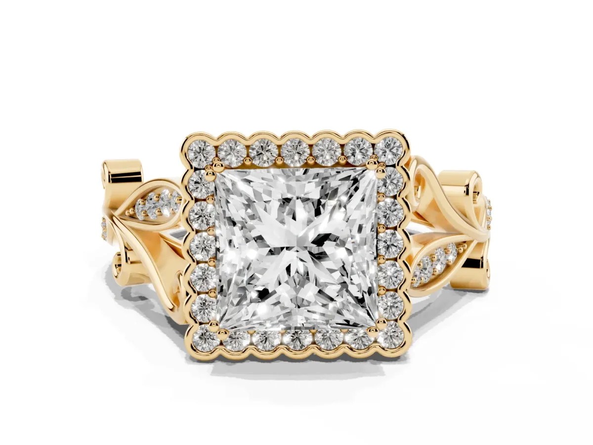 Princess Cut Diamond Halo Ring with Vintage Split Shank and Four-Prong Setting Yellow gold