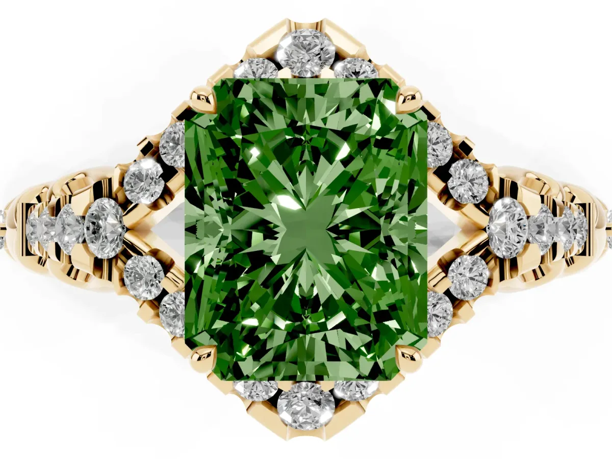 Fancy Green Radiant Cut Diamond Solitaire Ring with Hidden Halo and Pavé Band Yellow gold