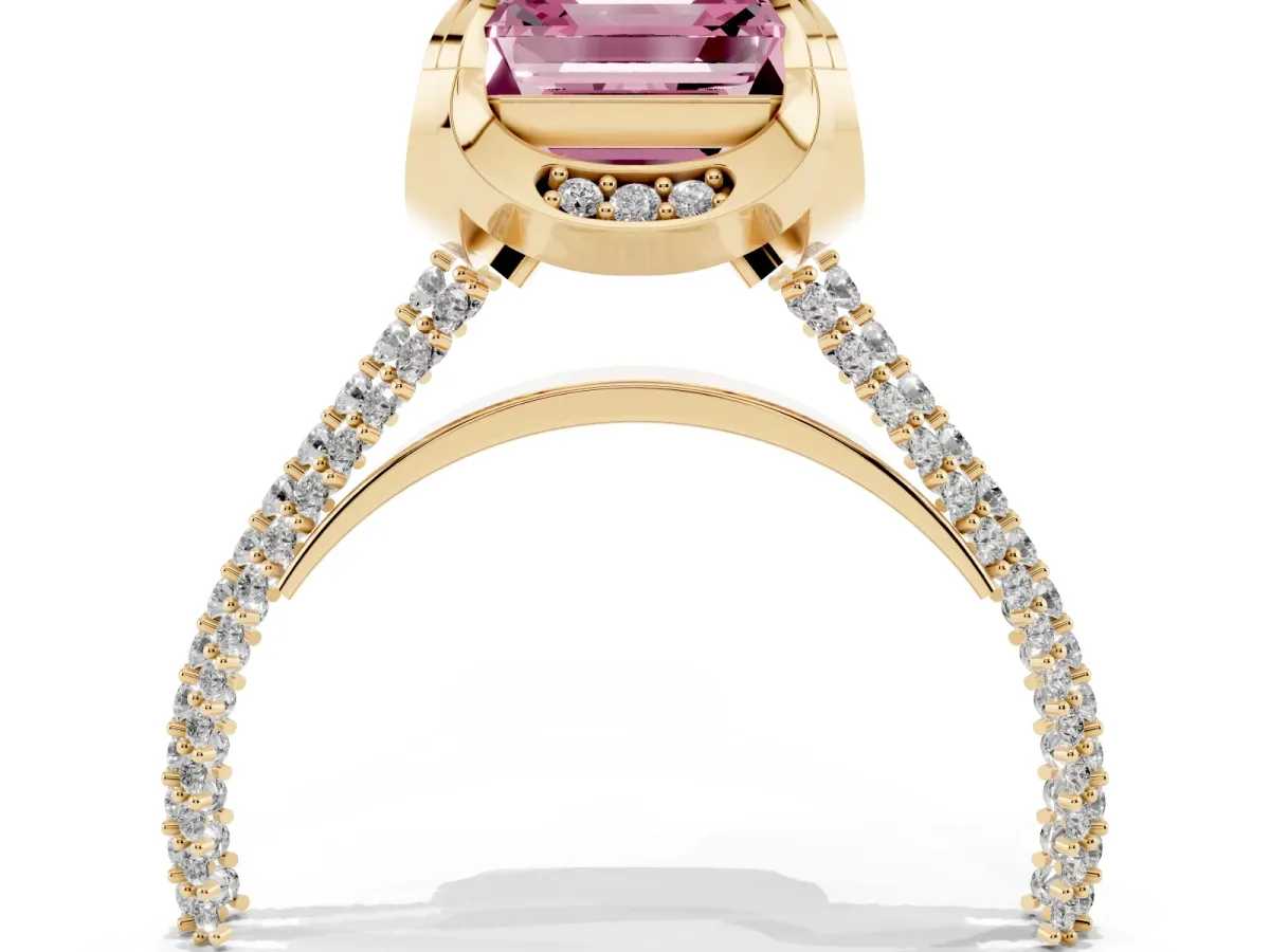 Fancy Pink Asscher Cut Solitaire Pave Split Shank Ring with Four-Prong Setting Yellow gold