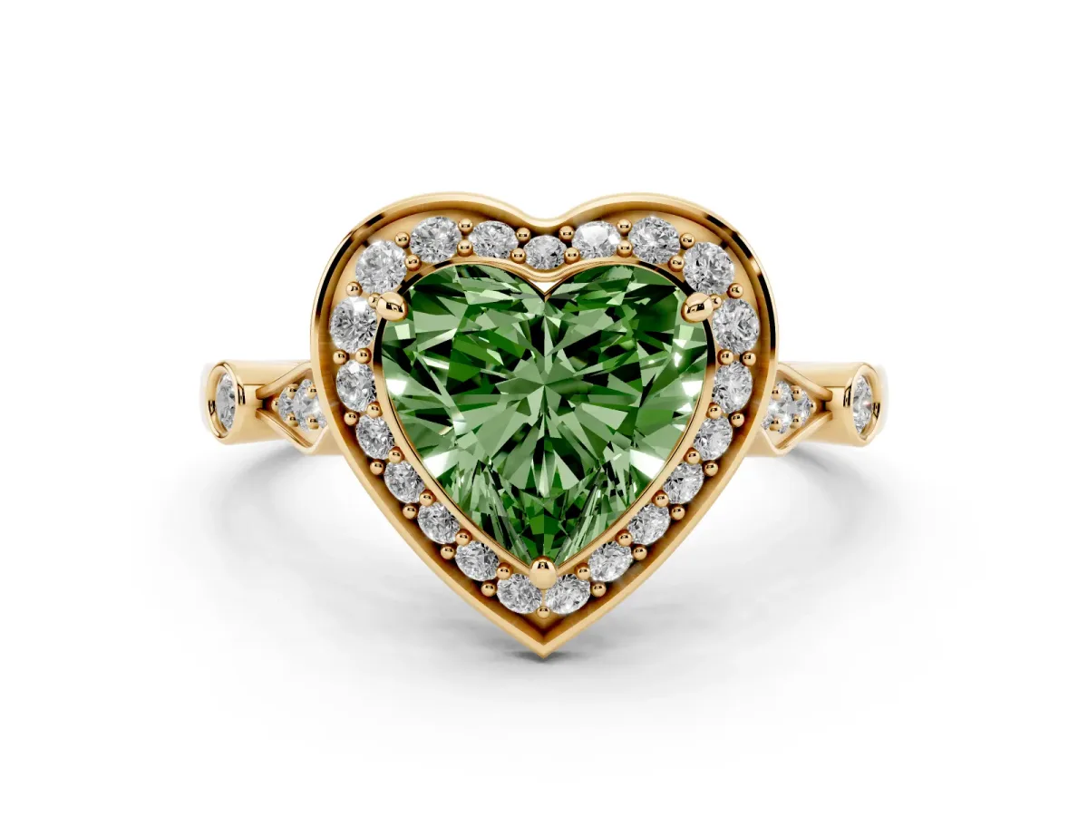 Fancy Green Heart Cut Halo Diamond Engagement Ring with Twisted Band and Four-Prong Setting Yellow gold
