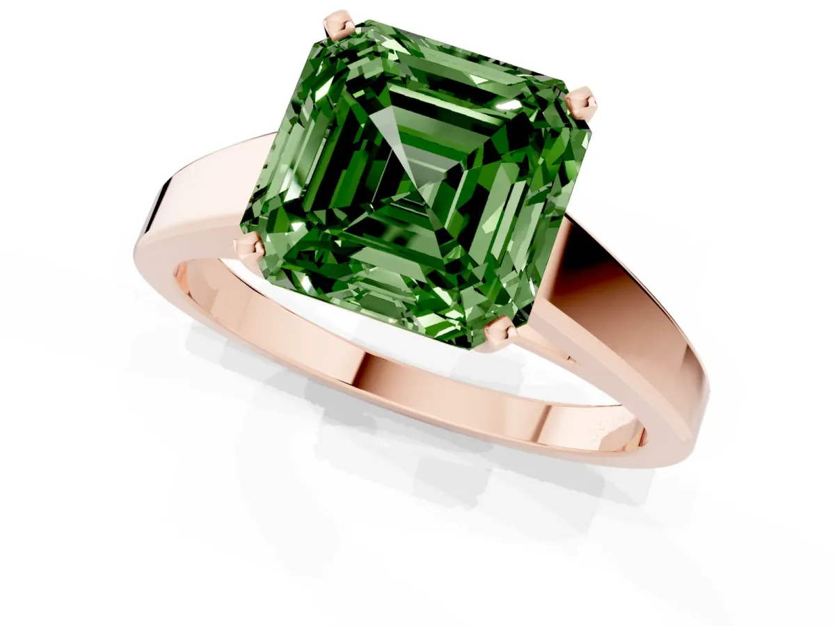 Fancy Green Asscher Cut Solitaire Engagement Ring with Four-Prong Setting and Tapered Band Rose gold