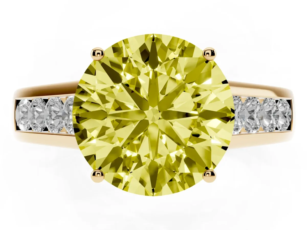 Fancy Yellow Round Cut Solitaire Channel-Set Diamond Engagement Ring with Four-Prong Setting Yellow gold