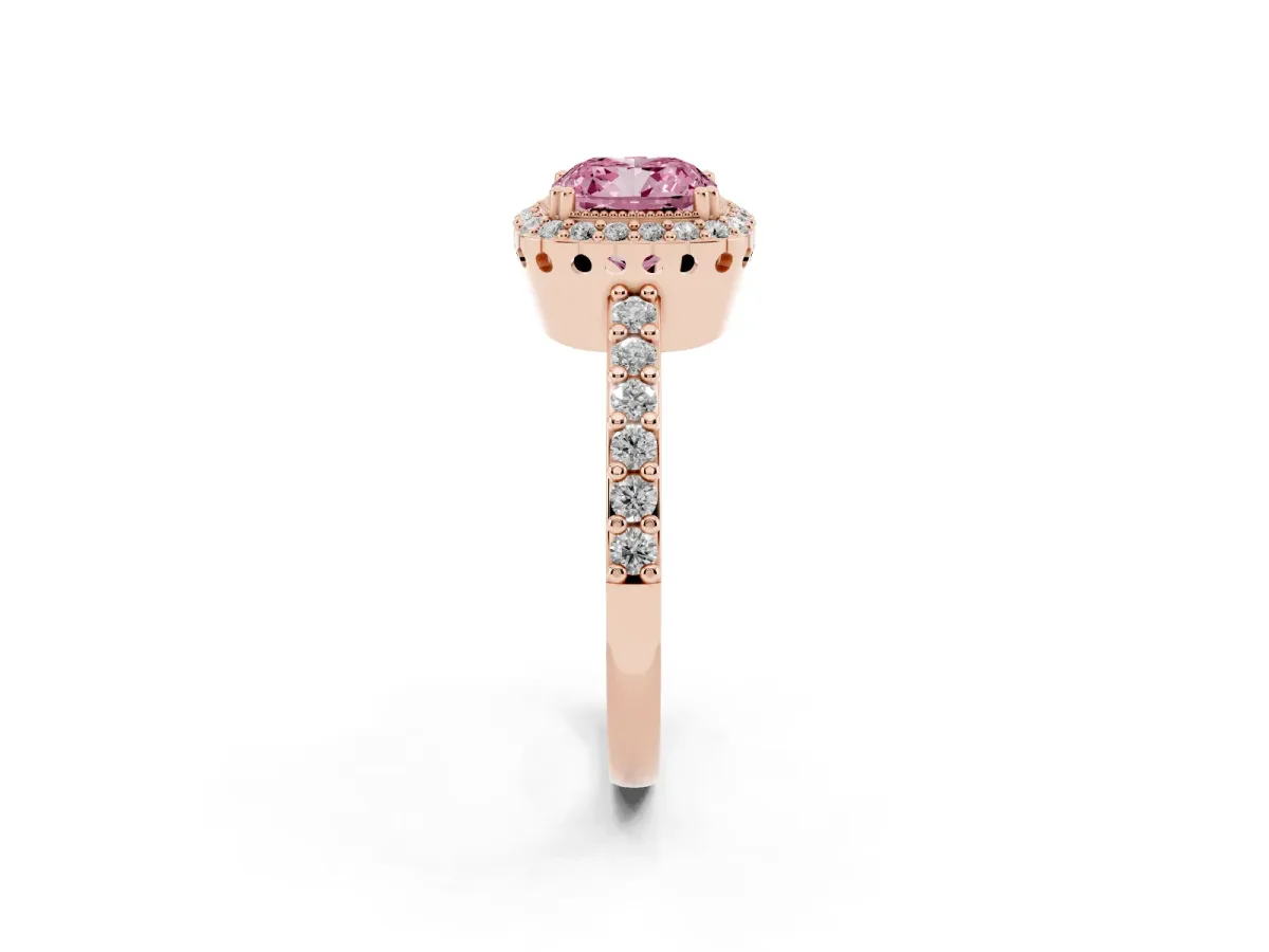 Fancy Pink Cushion Cut Cut Diamond Halo Engagement Ring with Milgrain Detail and Pavé Band Rose gold