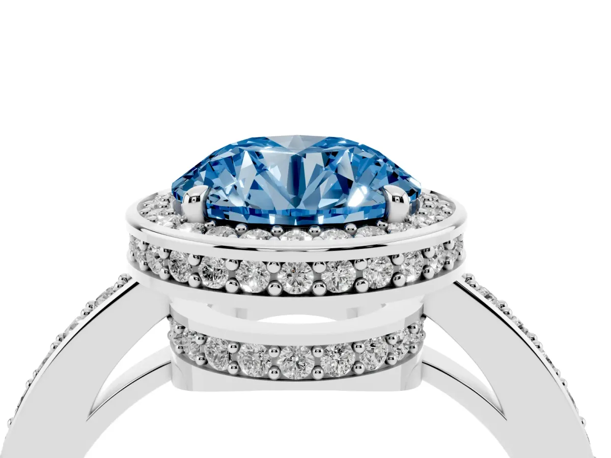 Fancy Blue Round Cut Halo Pave Band Solitaire Ring with Prong Setting Silver